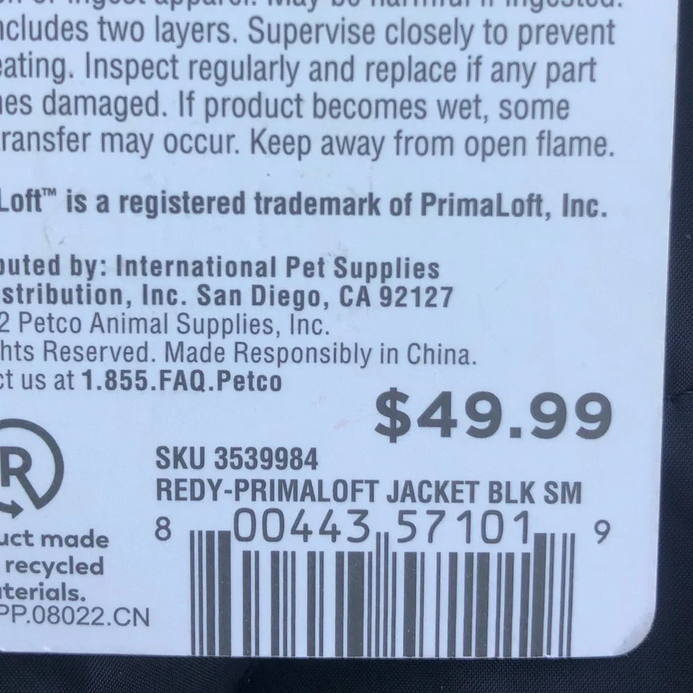 NWT Reddy Primaloft dog jacket S